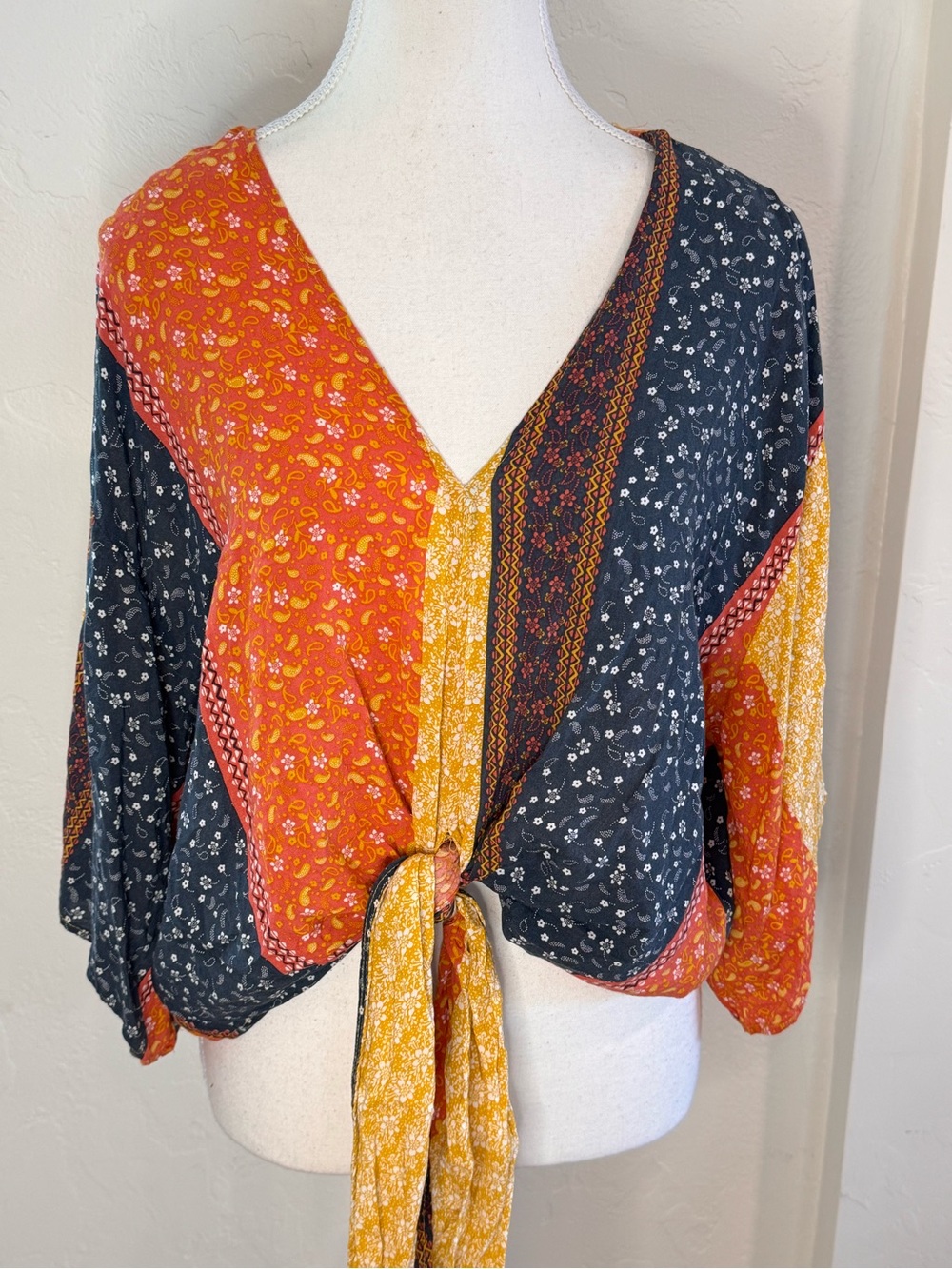 Polly & Esther Boho Paisley Floral Tie Front Bell Sleeve Top
